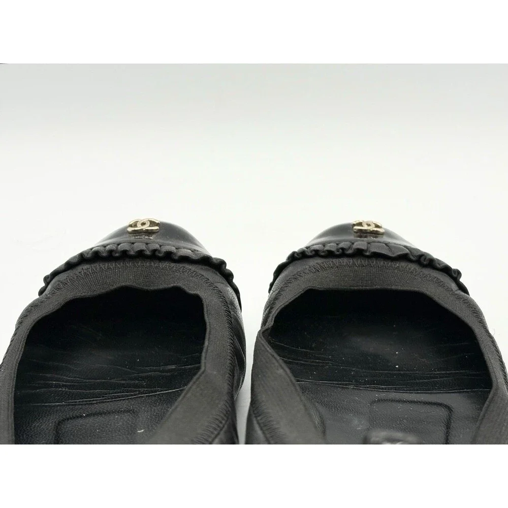 Chanel Black Ballet Flats Patent Leather Cap Toe CC Logo Ruffle Accent EU 35.5 - Picture 8 of 13